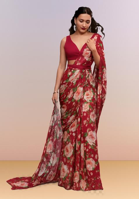 Red Printed Satin Pre Draped Saree Set