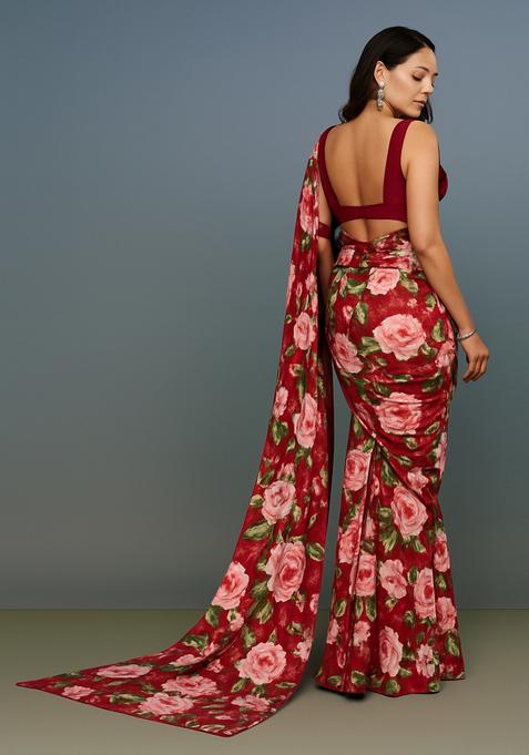 Red Printed Satin Pre Draped Saree Set