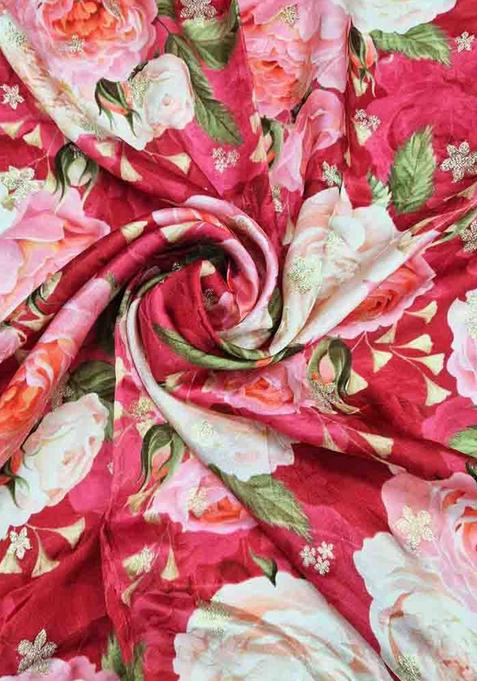 Red Printed Satin Pre Draped Saree Set