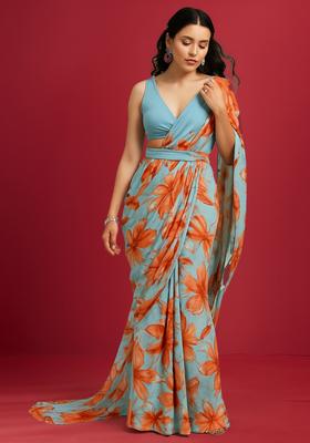 Sky Blue Printed Satin Pre Draped Saree Set