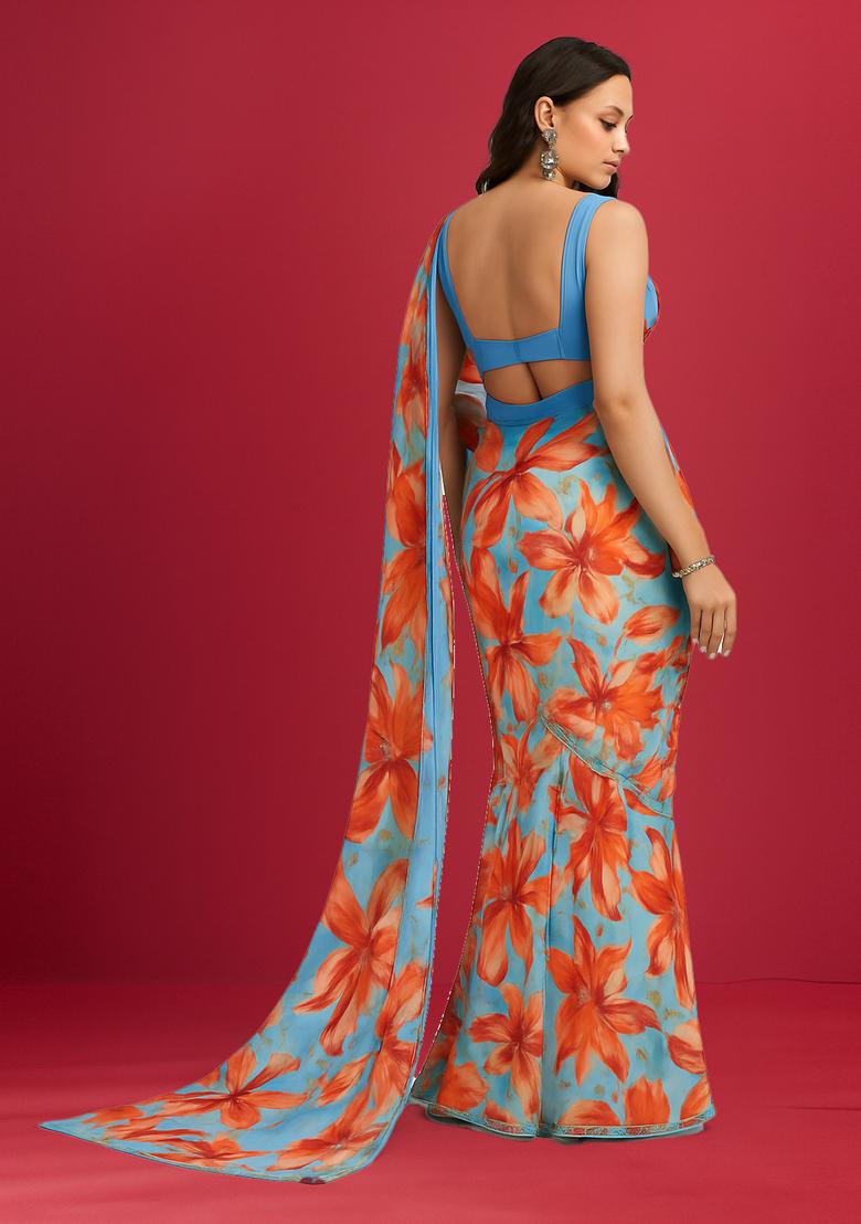 Sky Blue Printed Satin Pre Draped Saree Set - Indya