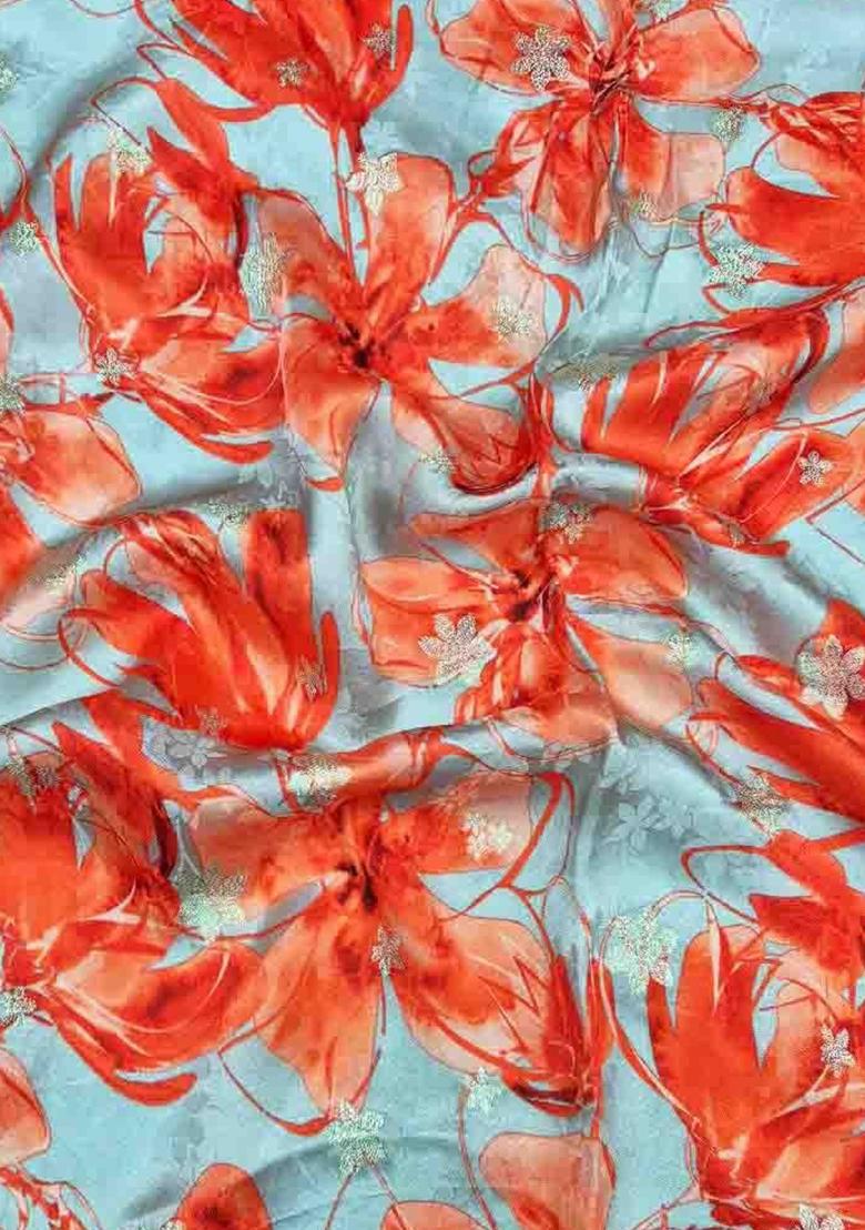 Sky Blue Printed Satin Pre Draped Saree Set - Indya