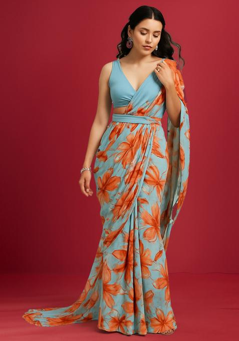 Sky Blue Printed Satin Pre Draped Saree Set