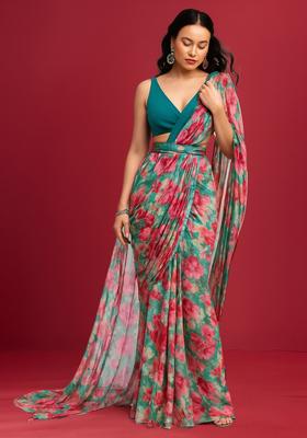 Sea Green Printed Satin Pre Draped Saree Set
