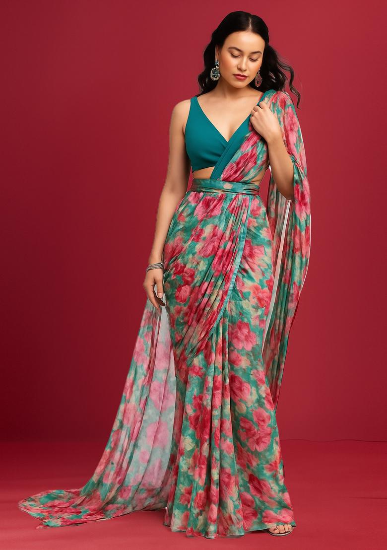 Sea Green Printed Satin Pre Draped Saree Set