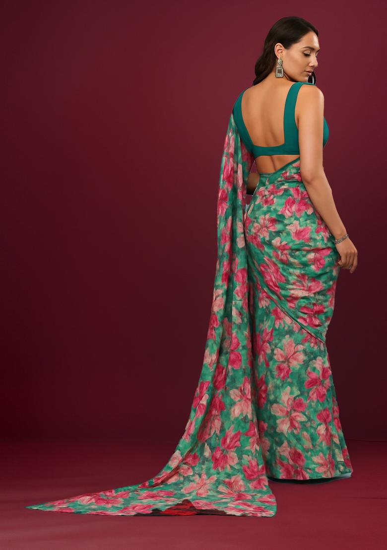 Sea Green Printed Satin Pre Draped Saree Set
