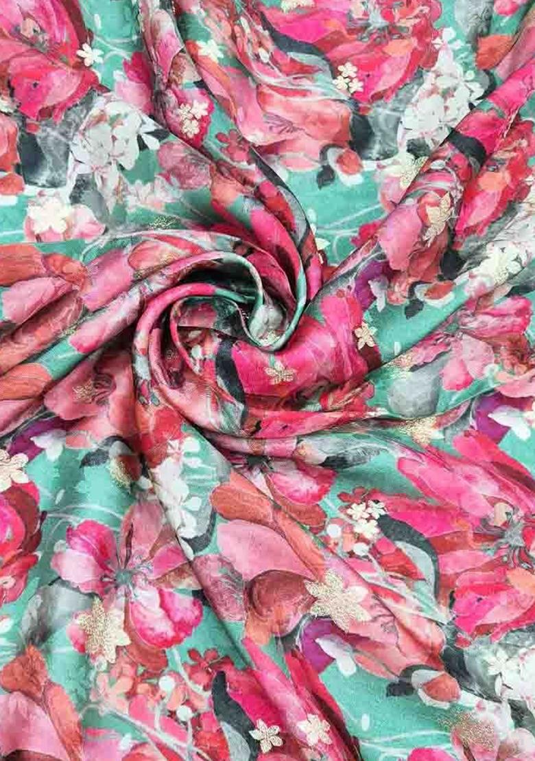 Sea Green Printed Satin Pre Draped Saree Set