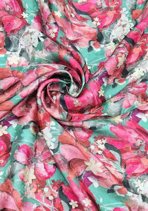 Sea Green Printed Satin Pre Draped Saree Set