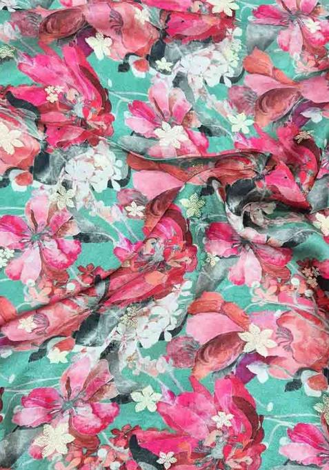 Sea Green Printed Satin Pre Draped Saree Set