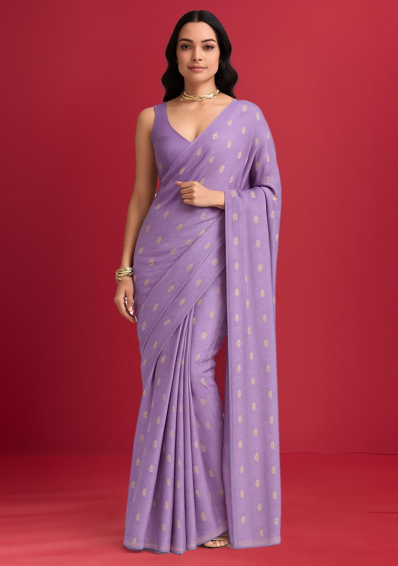 Lavender Sequin Embroidered Tissue Pre Draped Saree Set