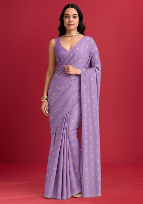 Lavender Sequin Embroidered Tissue Pre Draped Saree Set