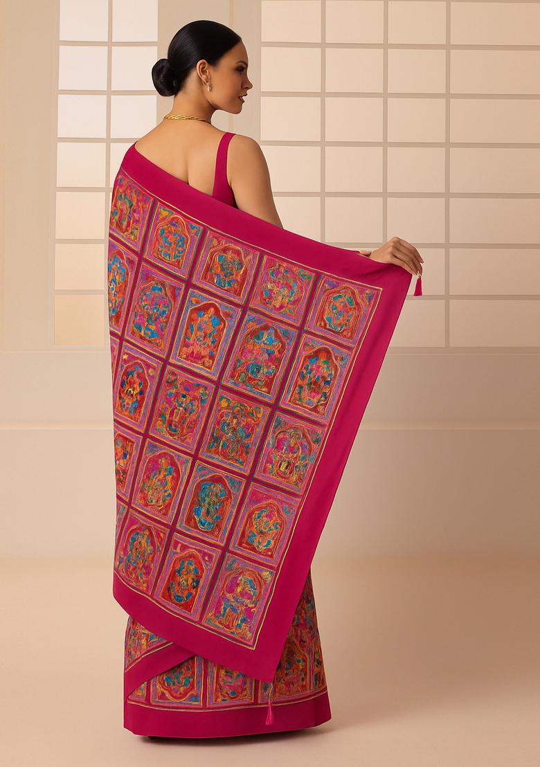 Pink Embroidered Crepe Pre Draped Saree Set - Indya