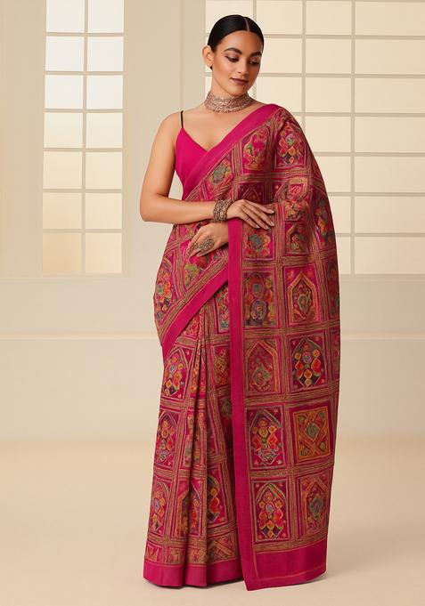 Pink Embroidered Crepe Pre Draped Saree Set