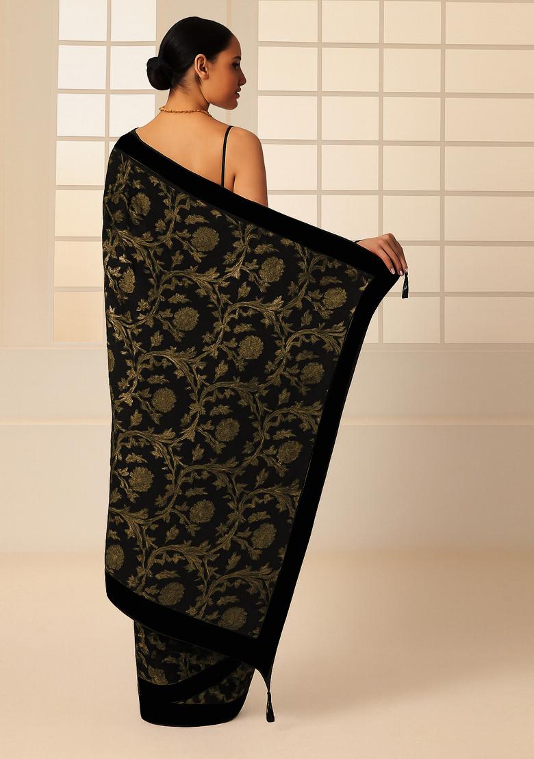 Black Jacquard Brocade Pre Draped Saree Set - Indya