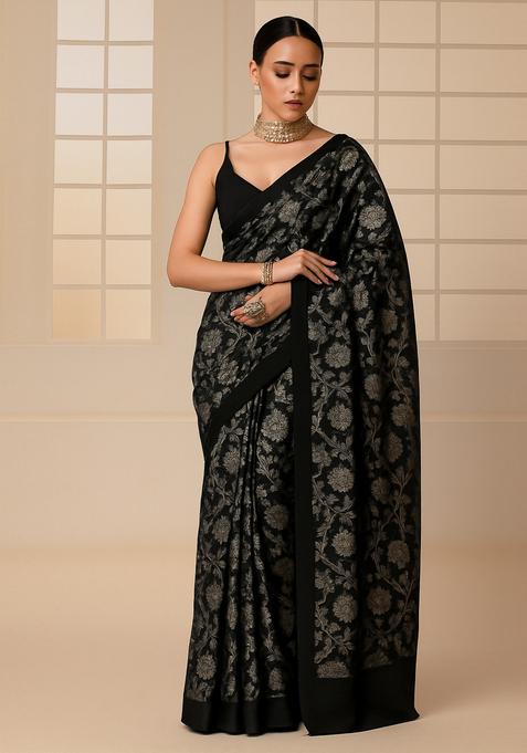 Black Brocade Pre Draped Saree Set