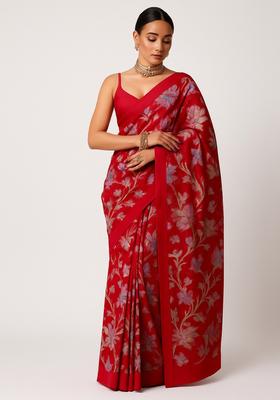 Red Embroidered Organza Pre Draped Saree Set