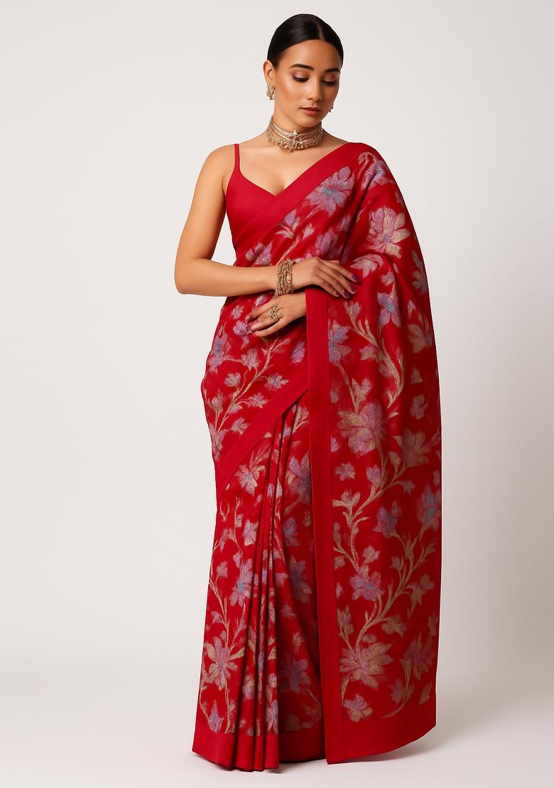 Red Embroidered Organza Pre Draped Saree Set