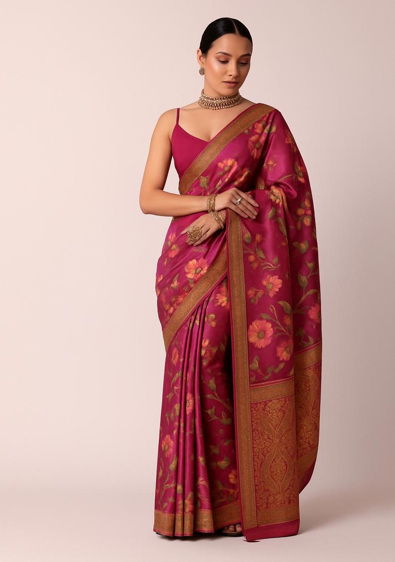 Purple Printed Satin Pre Draped Saree Set - Indya