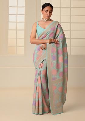 Multicolor Jacquard Brocade Pre Draped Saree Set