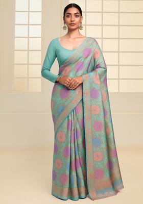 Multicolor Jacquard Brocade Pre Draped Saree Set