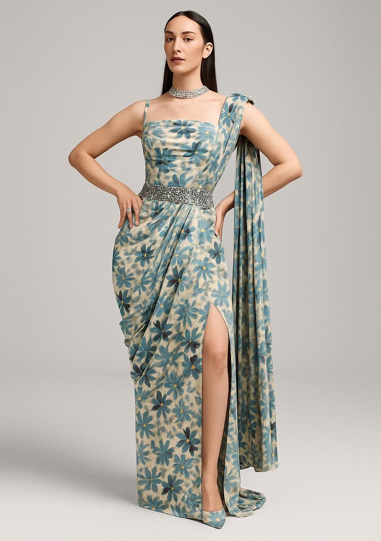 Blue Printed Crepe Pre Draped Saree Set