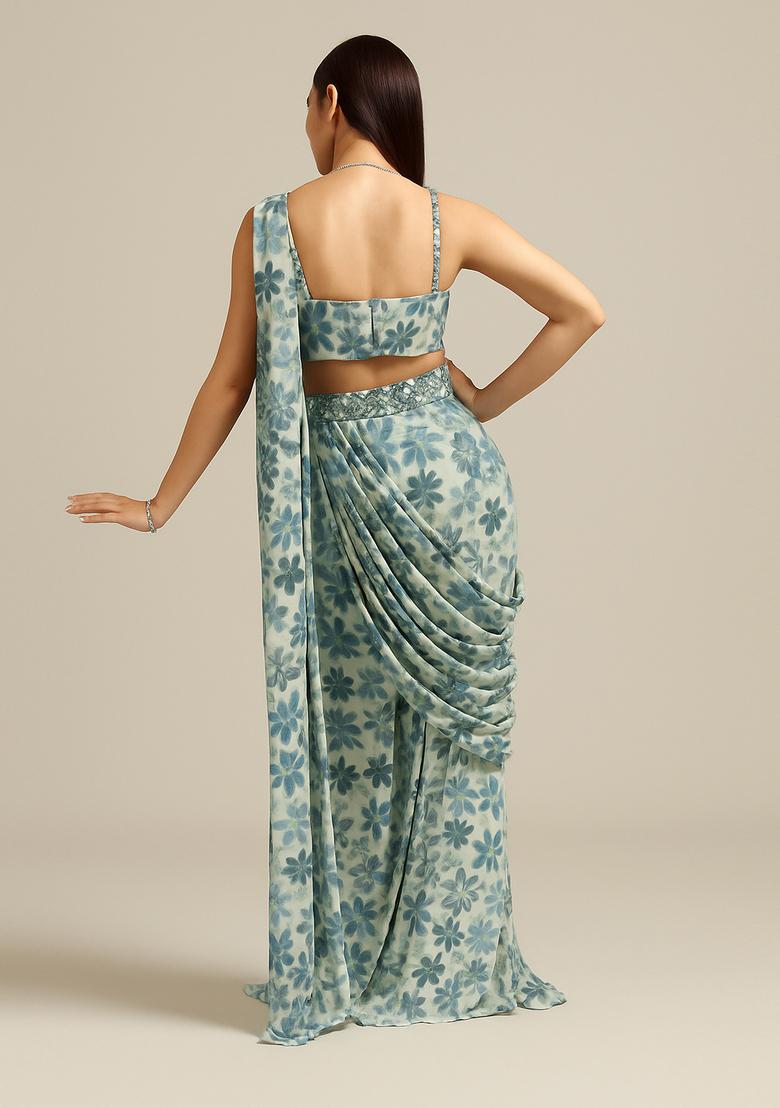 Blue Printed Crepe Pre Draped Saree Set