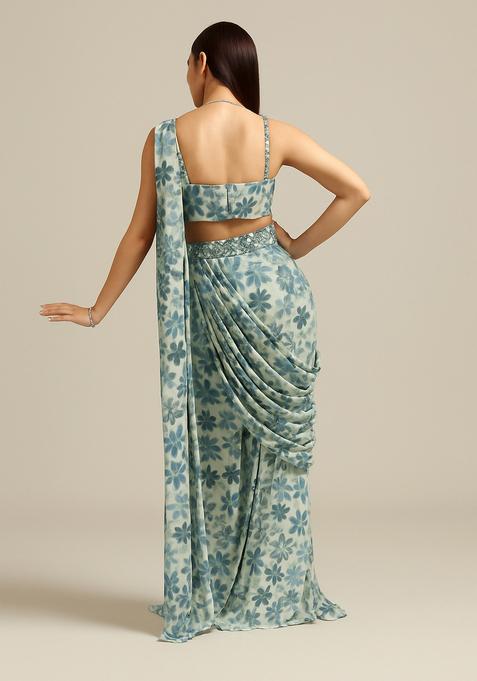 Blue Printed Crepe Pre Draped Saree Set