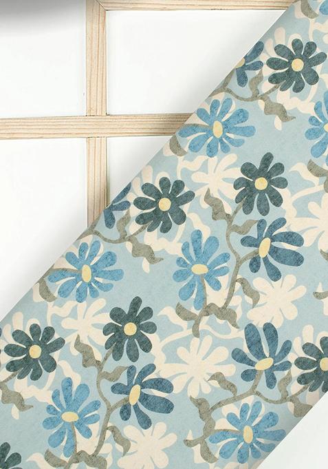 Blue Printed Crepe Pre Draped Saree Set