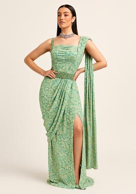 Sea Green Printed Crepe Pre Draped Saree Set