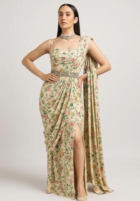 Beige Printed Crepe Pre Draped Saree Set