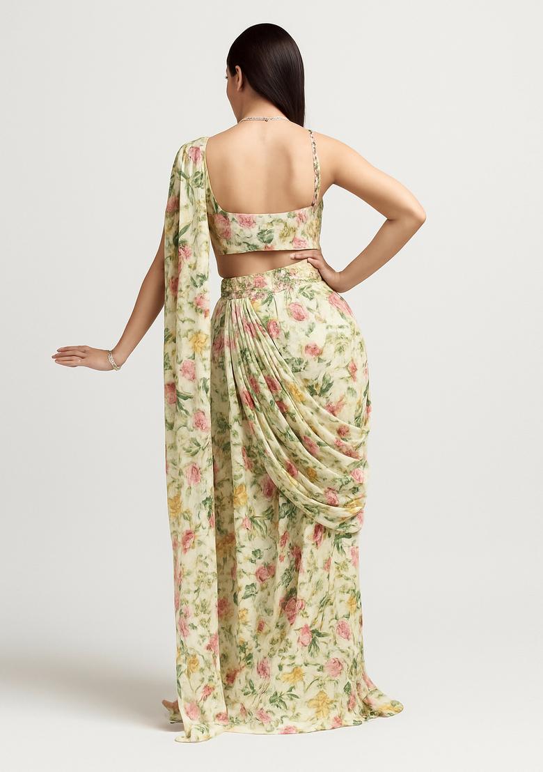 Beige Printed Crepe Pre Draped Saree Set