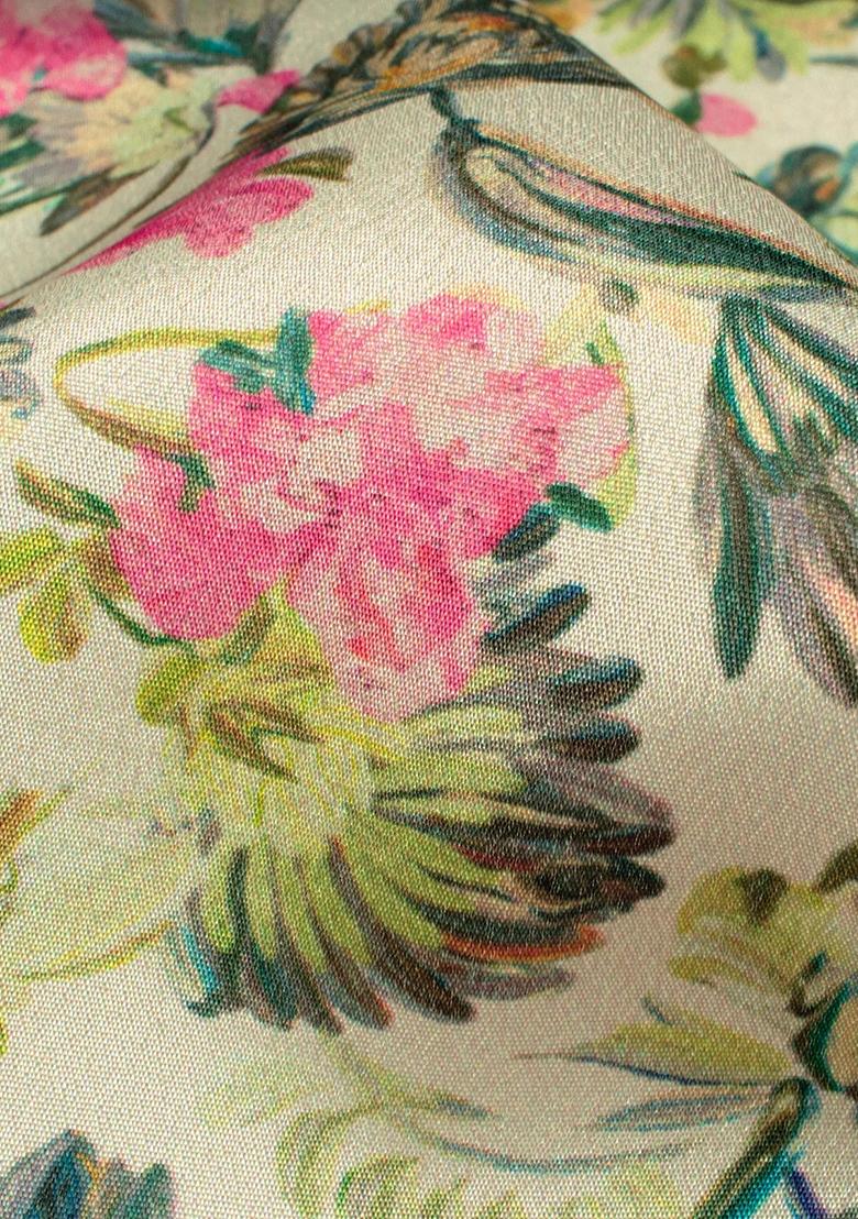 Beige Printed Crepe Pre Draped Saree Set