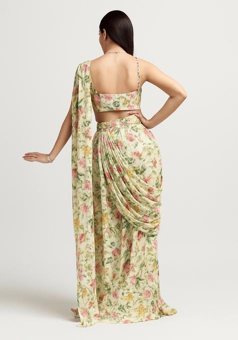 Beige Printed Crepe Pre Draped Saree Set