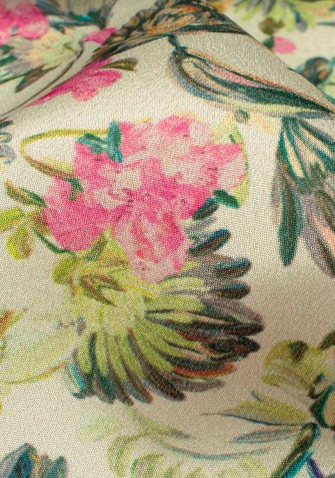 Beige Printed Crepe Pre Draped Saree Set