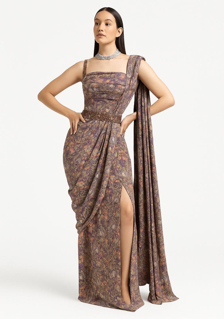 Purple Printed Crepe Pre Draped Saree Set - Indya