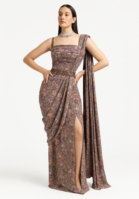 Purple Printed Crepe Pre Draped Saree Set