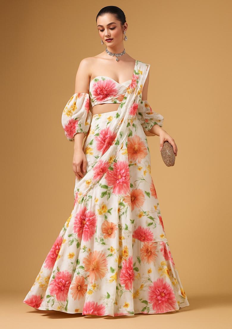 Off White Printed Georgette Pre Draped Saree Set