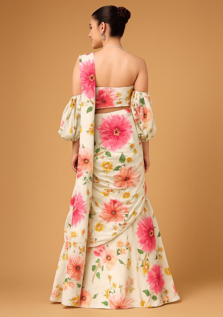 Off White Printed Georgette Pre Draped Saree Set - Indya