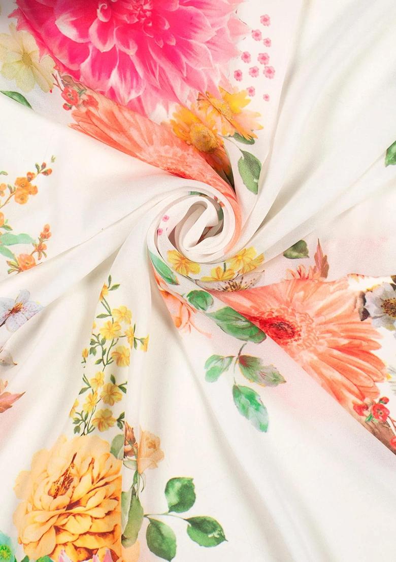 Off White Printed Georgette Pre Draped Saree Set