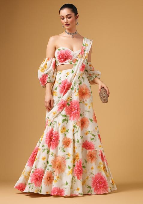 Off White Printed Georgette Pre Draped Saree Set