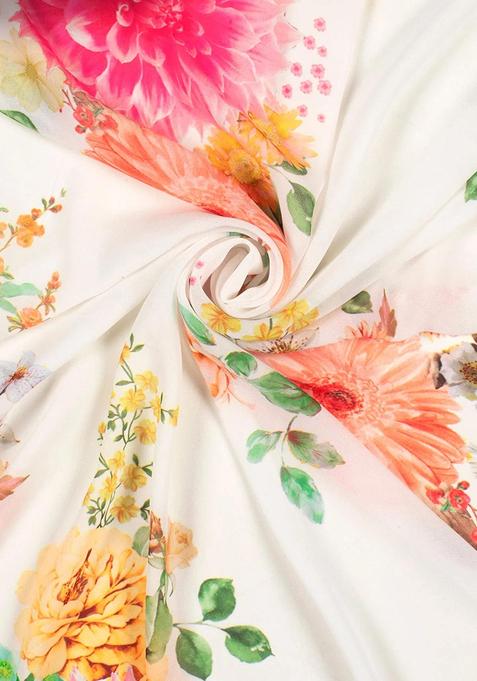 Off White Printed Georgette Pre Draped Saree Set