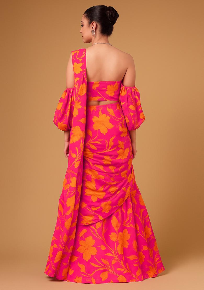Hot Pink Printed Georgette Pre Draped Saree Set - Indya