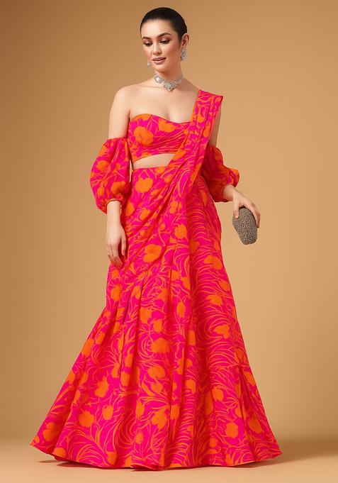 Hot Pink Printed Georgette Pre Draped Saree Set