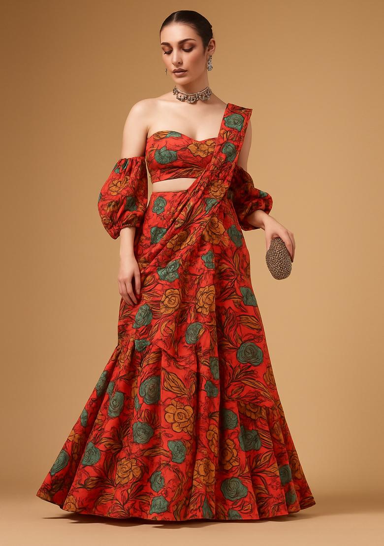 Red Printed Organza Pre Draped Saree Set - Indya