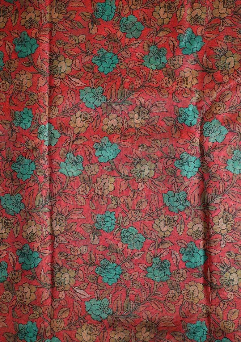 Red Printed Organza Pre Draped Saree Set - Indya