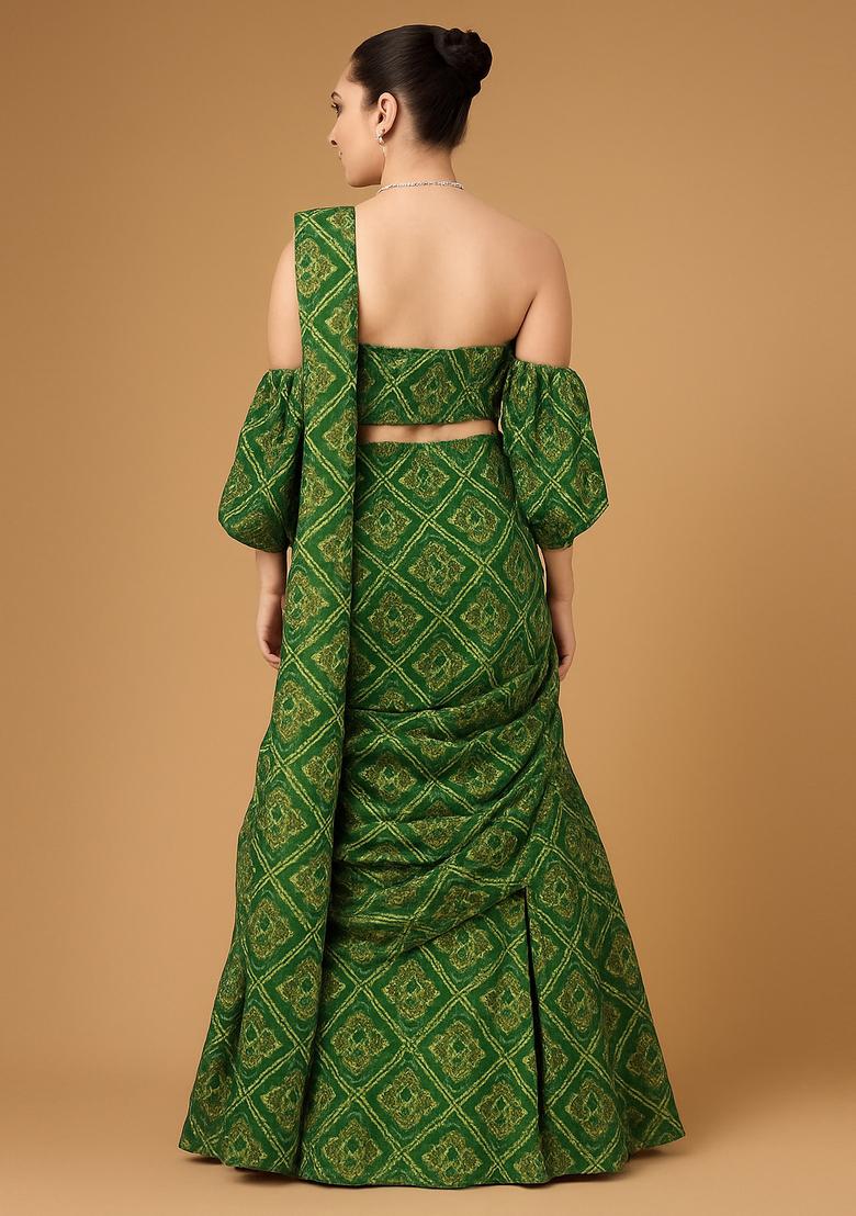 Green Printed Kota Doria Pre Draped Saree Set