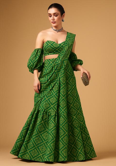 Green Printed Kota Doria Pre Draped Saree Set