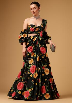 Black Printed Georgette Pre Draped Saree Set