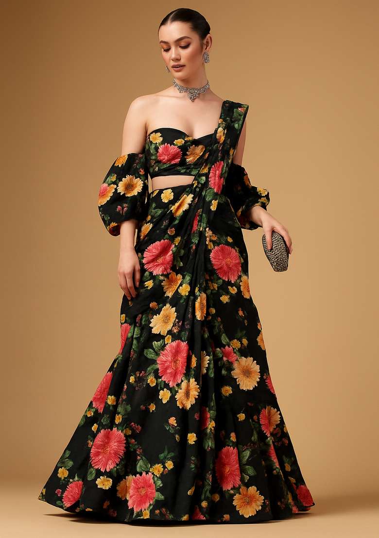 Black Printed Georgette Pre Draped Saree Set - Indya