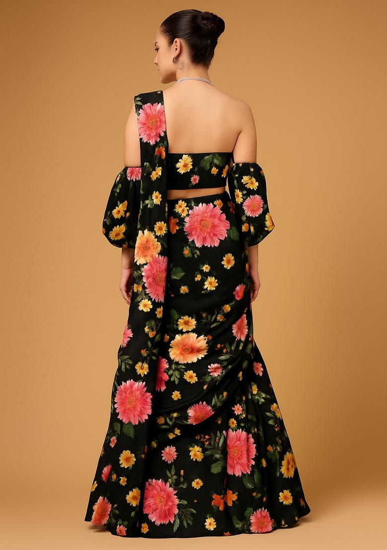 Black Printed Georgette Pre Draped Saree Set - Indya